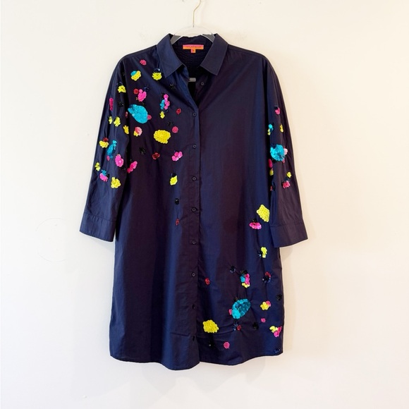 Vilagallo Dresses & Skirts - Vilagallo Navy Blue Embroidered Sequin Novelty Cotton Shirt Dress